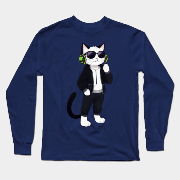 Cool Cat with Headphones and Sunglasses - Funny Feline Vibes Long Sleeve T-Shirt by Rishirt